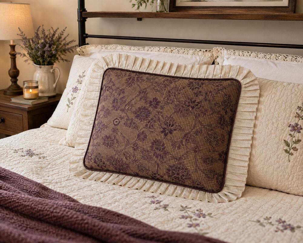 Purple Brown Floral Quilted Pillow Sham Pleated Ruffle Cottagecore Farmhouse